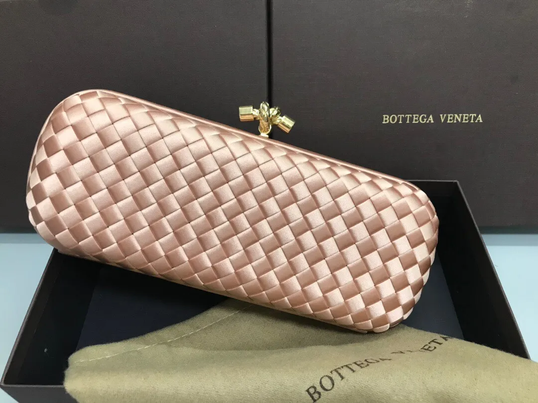 Style No. 8651, upgraded version of full silk evening bag inside and outside~~~INTRECCIATO woven IMPERO STRETCH KNOT clutch bag, hand-woven silk, smooth satin piping, Intrecciato engraved metal buckle, silk satin lining. Large size: 25cm*10cm*5cm